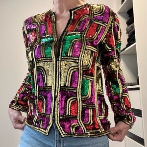Vintage Rina Z Pure Silk Sequin Jacket Top Art Deco Glam Party Statement M